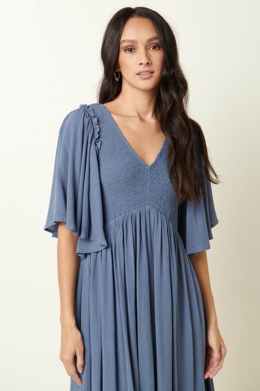 Smock Bodice V Midi, Dusty Blue