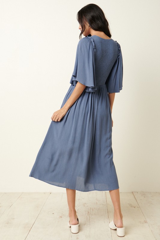 Smock Bodice V Midi, Dusty Blue