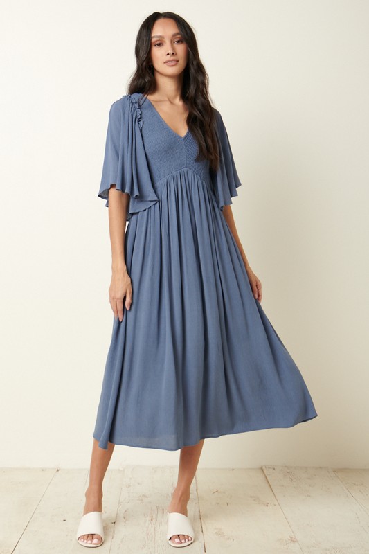 Smock Bodice V Midi, Dusty Blue