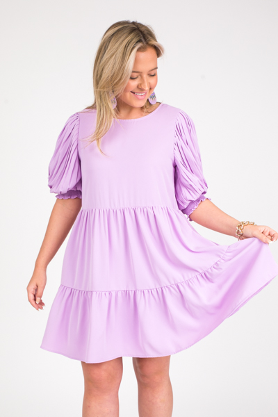 Pleat Sleeve Tier Dress, Lilac