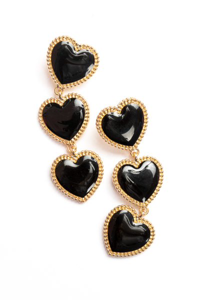 3 Heart Drop Earrings, Black
