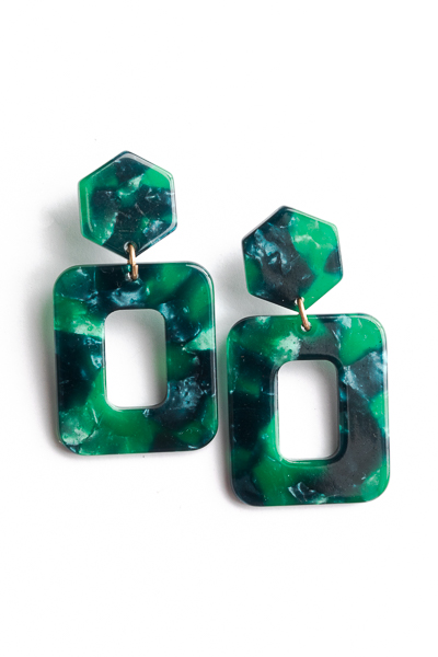 Hex Rectangle Earrings, Green