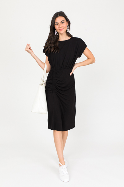 Ruched Knit Dress, Black