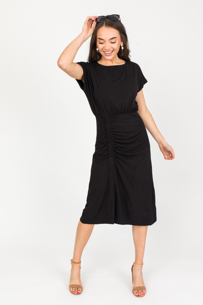 Ruched Knit Dress, Black