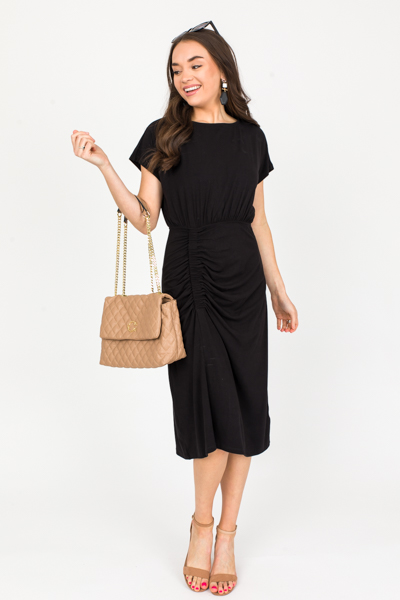 Ruched Knit Dress, Black