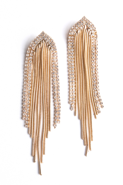 Rhinestone Chain Tassel Earrings, Gold