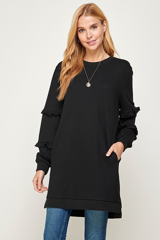 Ruffled Long Sweatshirt, Black