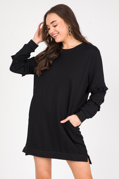 Ruffled Long Sweatshirt, Black