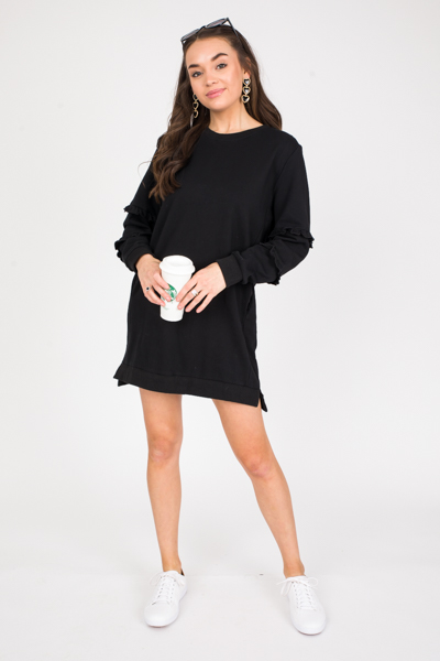 Ruffled Long Sweatshirt, Black