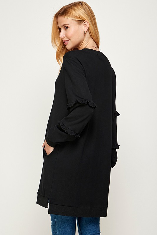 Ruffled Long Sweatshirt, Black