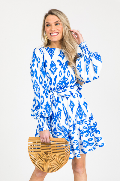 Royal Ikat Dress, Ivory Blue