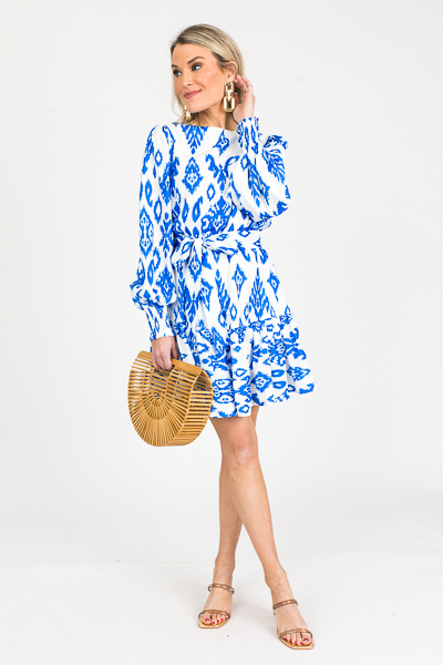 Royal Ikat Dress, Ivory Blue