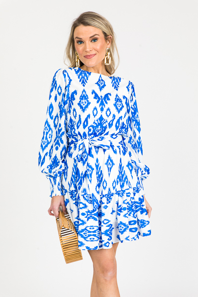 Royal Ikat Dress, Ivory Blue