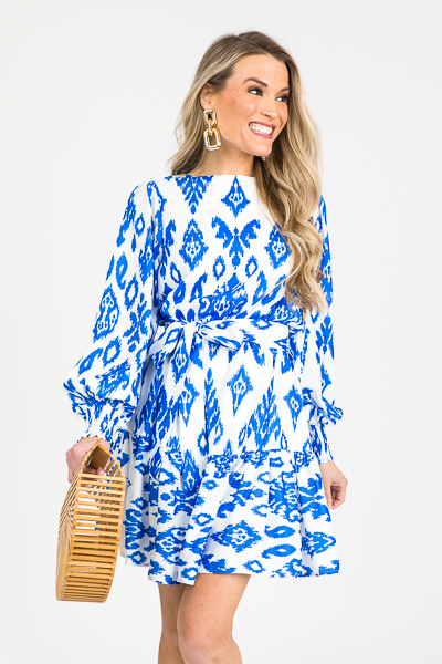 Royal Ikat Dress, Ivory Blue