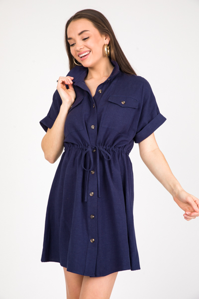 Linen Utility Dress, Navy