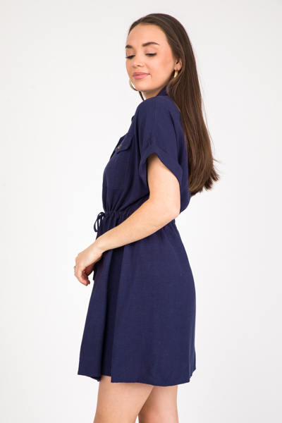 Linen Utility Dress, Navy