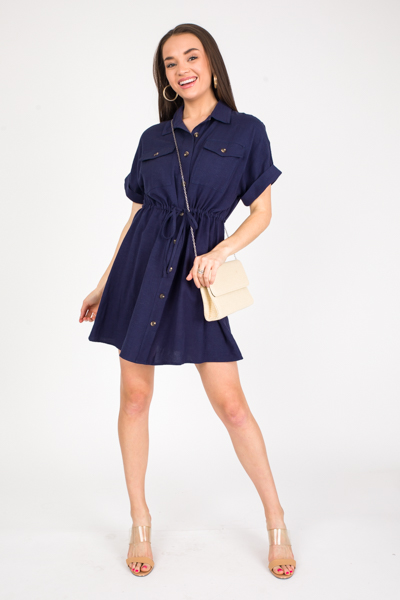 Linen Utility Dress, Navy