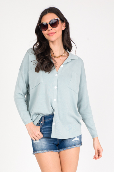 Sweater Knit Button Up, Powder Blue