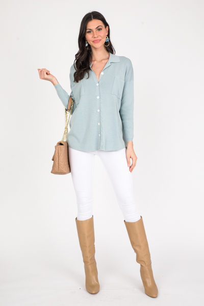 Sweater Knit Button Up, Powder Blue