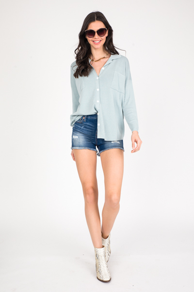 Sweater Knit Button Up, Powder Blue