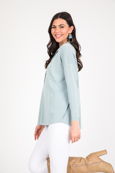 Sweater Knit Button Up, Powder Blue