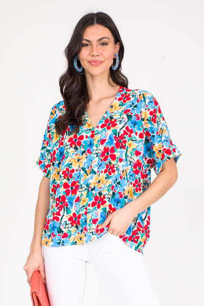 Hawaiian Boxy Blouse, Blue/Red