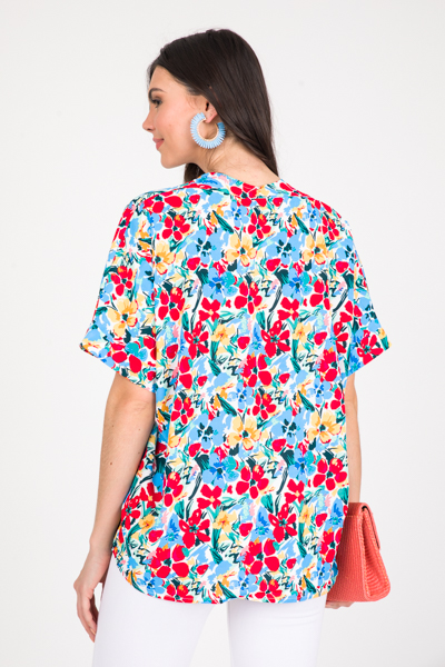 Hawaiian Boxy Blouse, Blue/Red