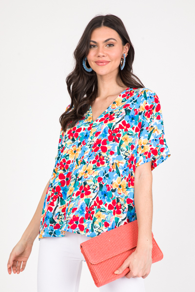 Hawaiian Boxy Blouse, Blue/Red