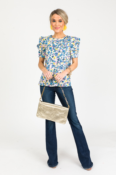 Cotton Puff Sleeve Top, Blue Floral