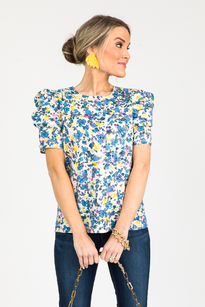 Cotton Puff Sleeve Top, Blue Floral