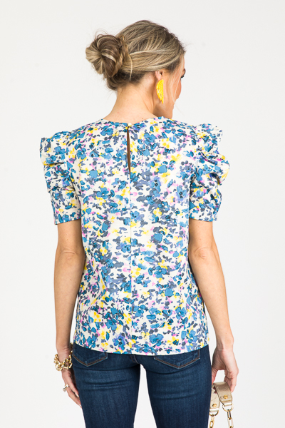 Cotton Puff Sleeve Top, Blue Floral