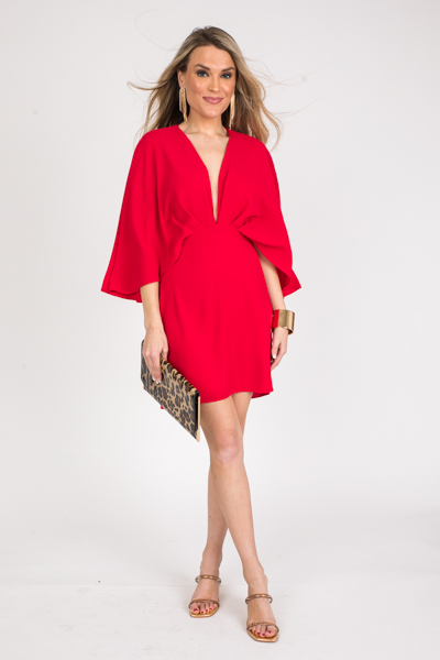 Deep V Cape Dress, Red