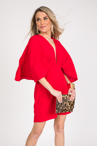 Deep V Cape Dress, Red