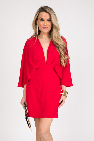 Deep V Cape Dress, Red