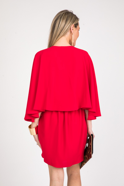 Deep V Cape Dress, Red