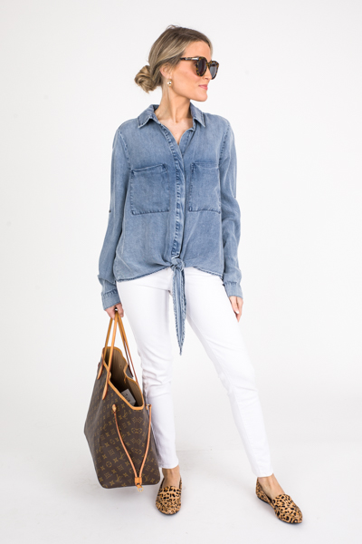 Tie Front Chambray Top, Dark Denim