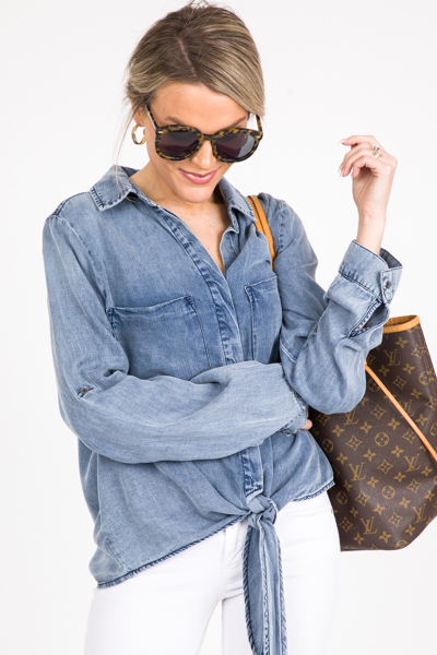 Tie Front Chambray Top, Dark Denim