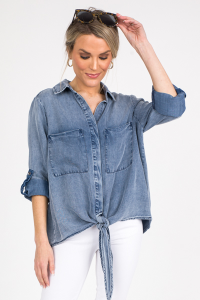 Tie Front Chambray Top, Dark Denim