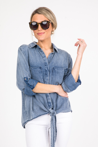 Tie Front Chambray Top, Dark Denim