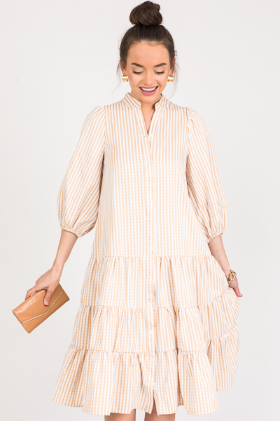 Button Front Gingham Midi, Beige