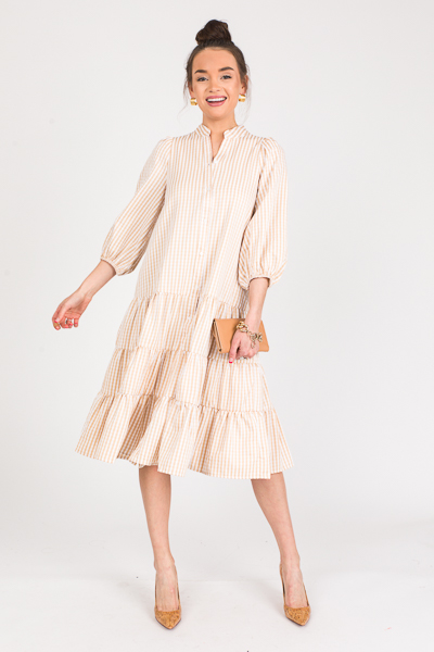Button Front Gingham Midi, Beige