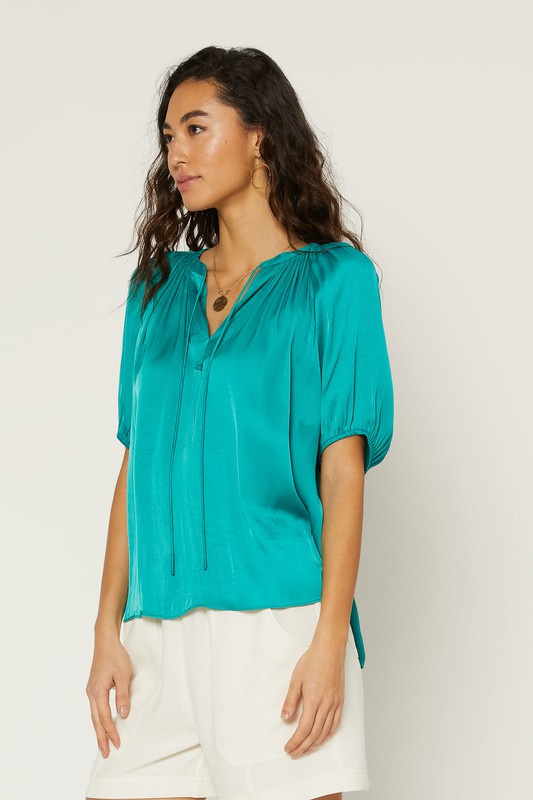 Silk Split Neck Blouse, Teal