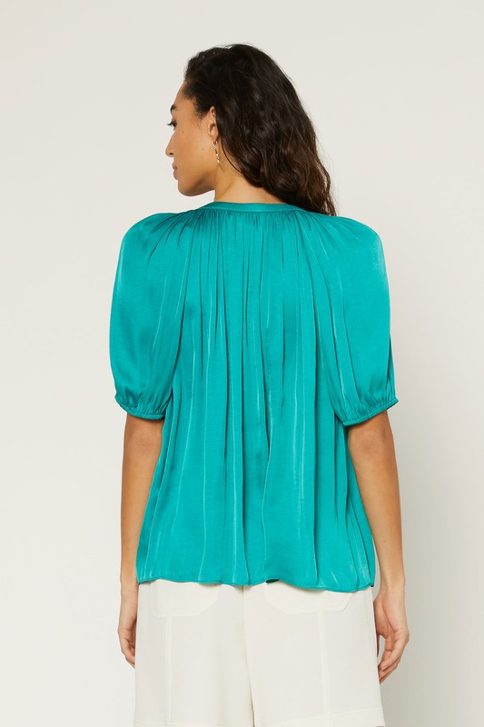 Silk Split Neck Blouse, Teal