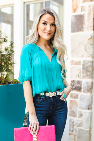 Silk Split Neck Blouse, Teal