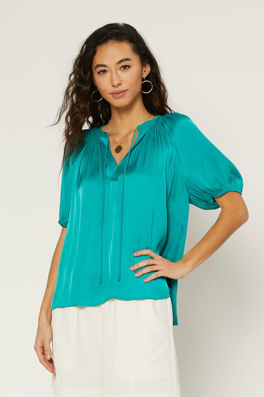 Silk Split Neck Blouse, Teal