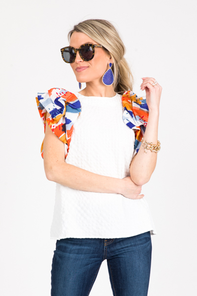 Party Sleeves Texture Top, White