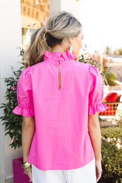 Poplin Ruffle Neck Top, Pink