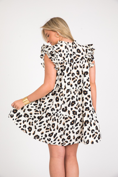 Shoulder Pleats Dress, Ivory Leopard