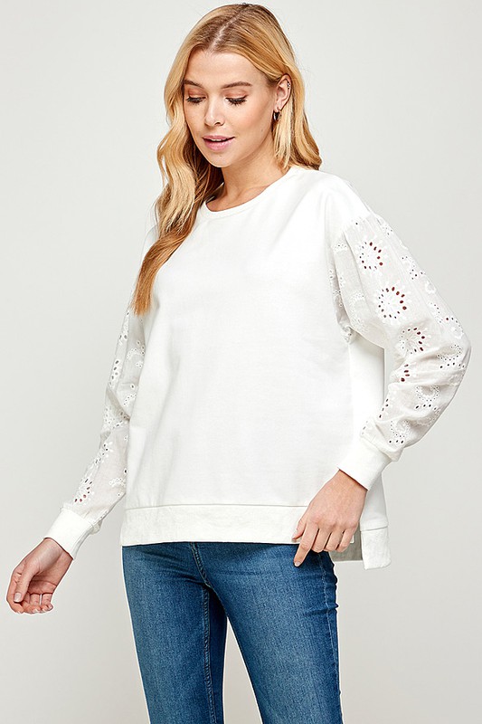 Eyelet Sleeves Sweatshirt, White