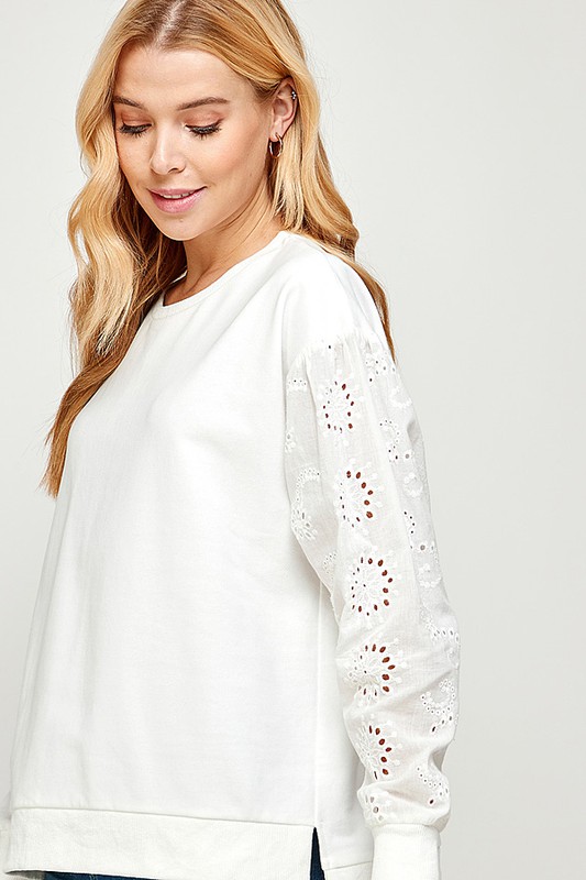 Eyelet Sleeves Sweatshirt, White